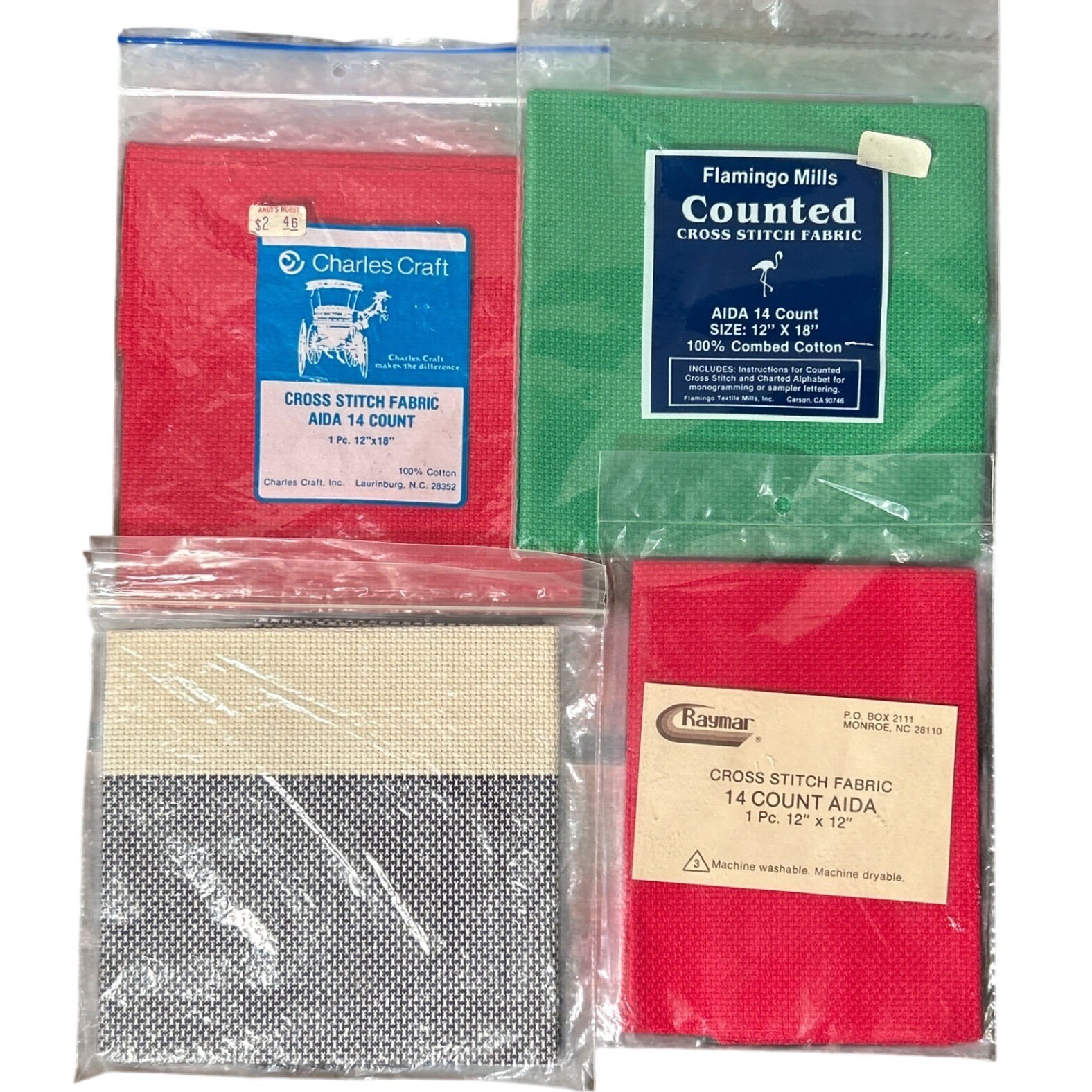 Lot of 4 Cross Stitch Fabric Pieces 14 Count Red Green Beige Gray NEW