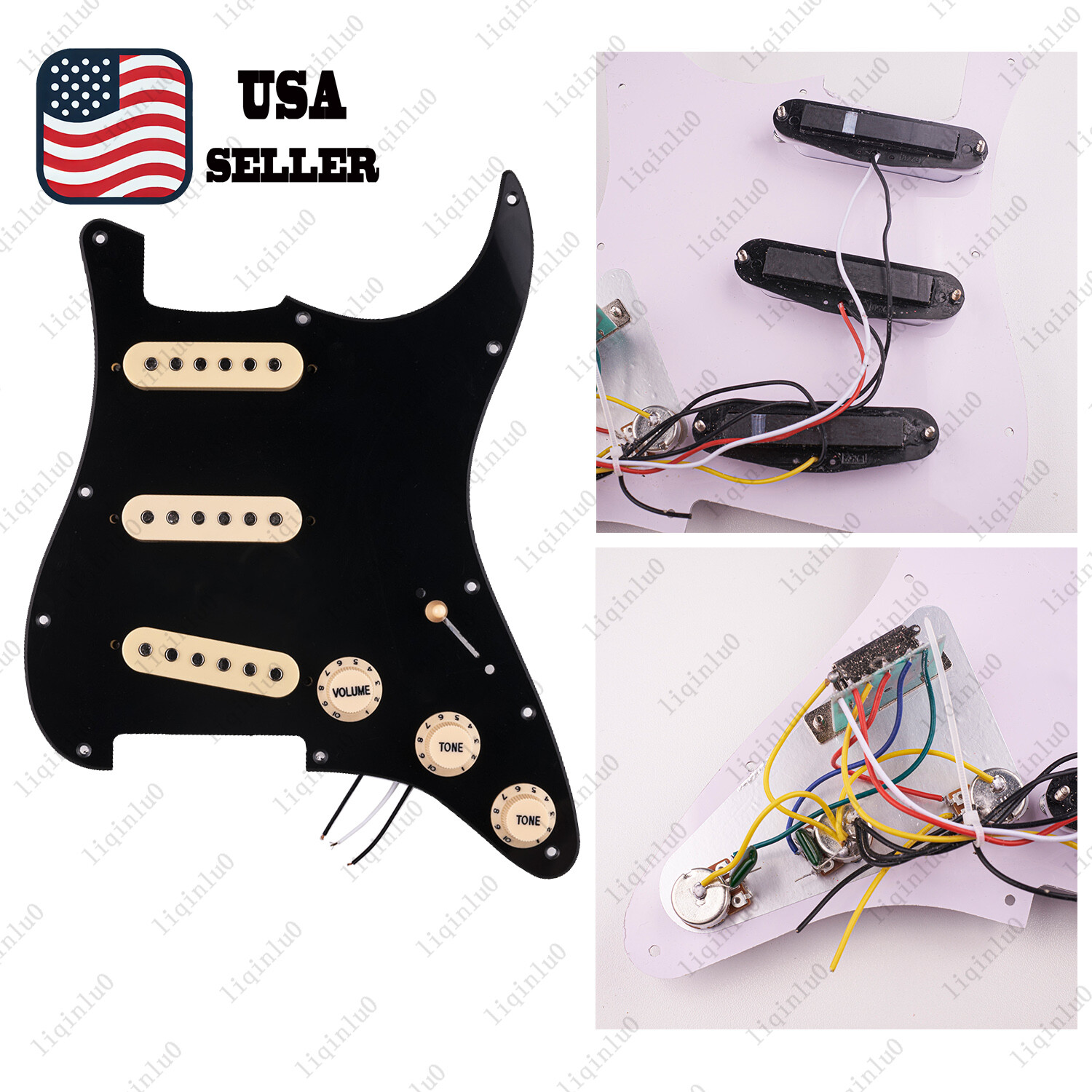 Prewired-Loaded SSS Pickguard Ceramic Pickups For Strat Glossy Black&Beige