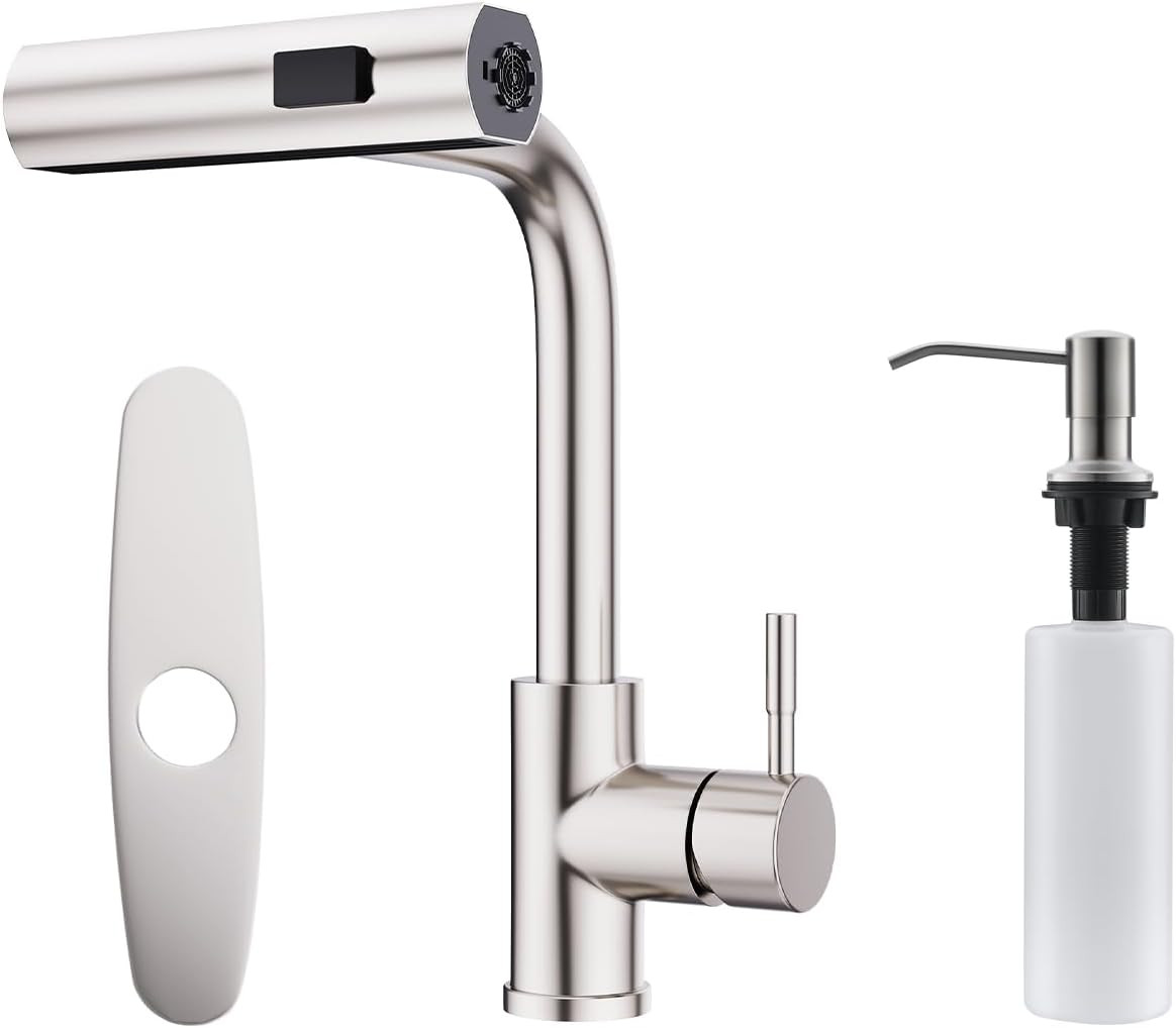 Elegant Waterfall Kitchen Faucet with Soap Dispenser & Deck Plate Included
