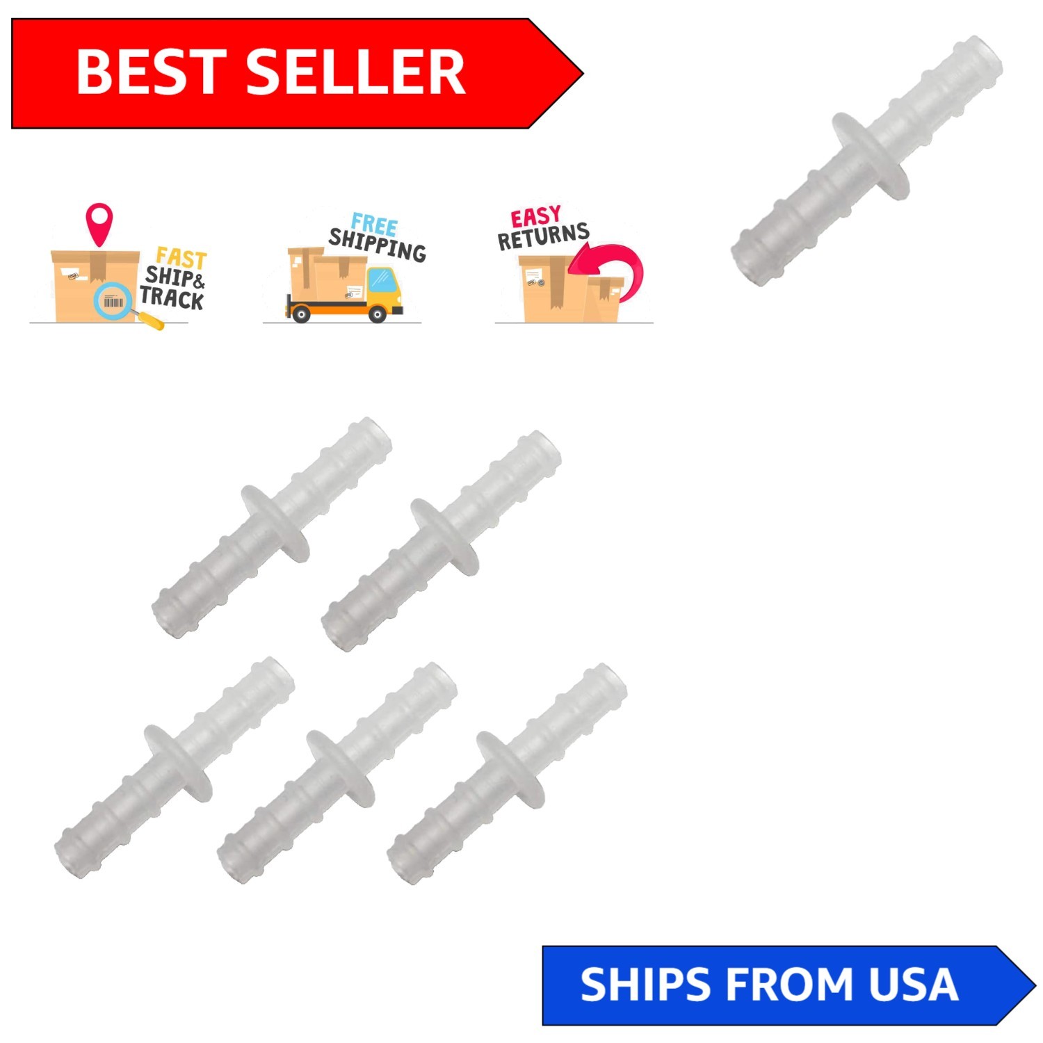 Universal 6mm Barbed Oxygen Tube Connectors - Secure 5-Pack with Smooth Edges