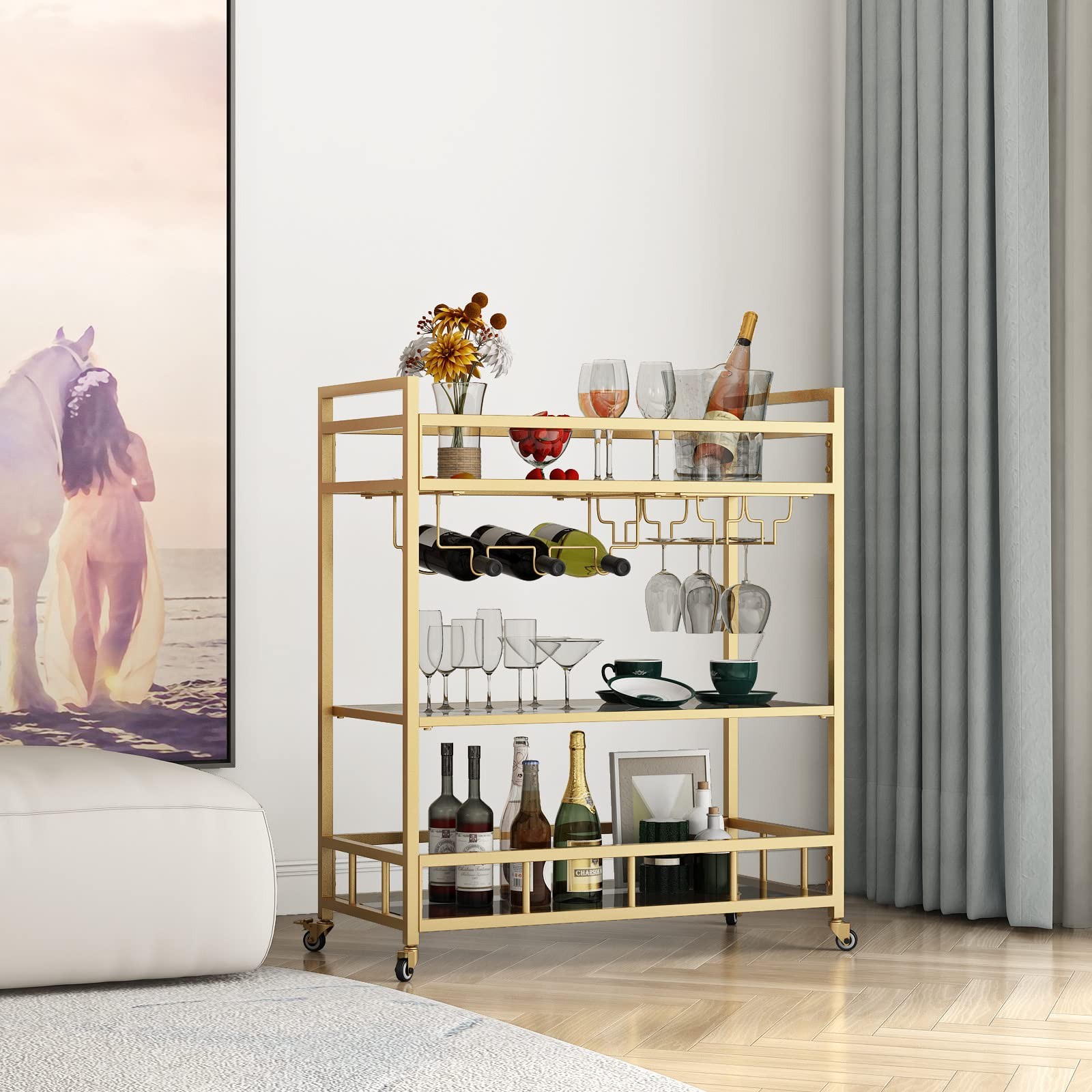 Bar Cart Gold with Bottle Storage and Wine Glass, Rolling Serving Bar Cart on...