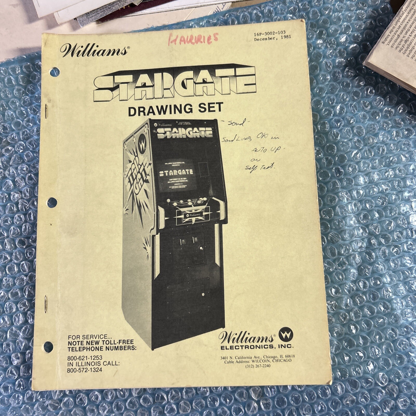 original Damaged Williams Stargate Schematics Only Arcade Video game manual