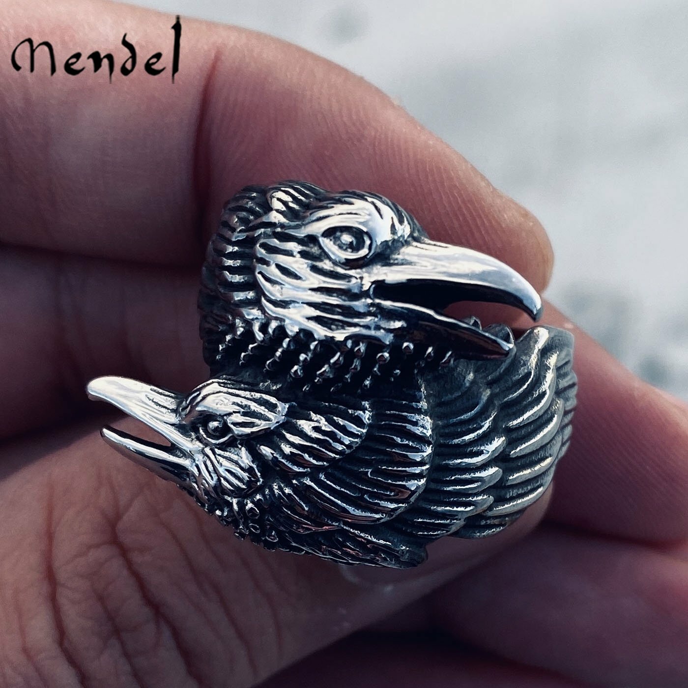 MENDEL Stainless Steel Mens Biker Viking Odin Crow Bird Raven Ring Men Size 7-14