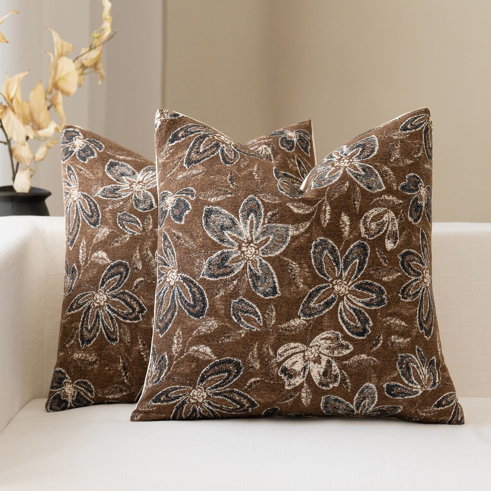 Floral Throw Pillow Covers 18x18 Set of 2 Farmhouse Pillow Covers Vintage Neu...
