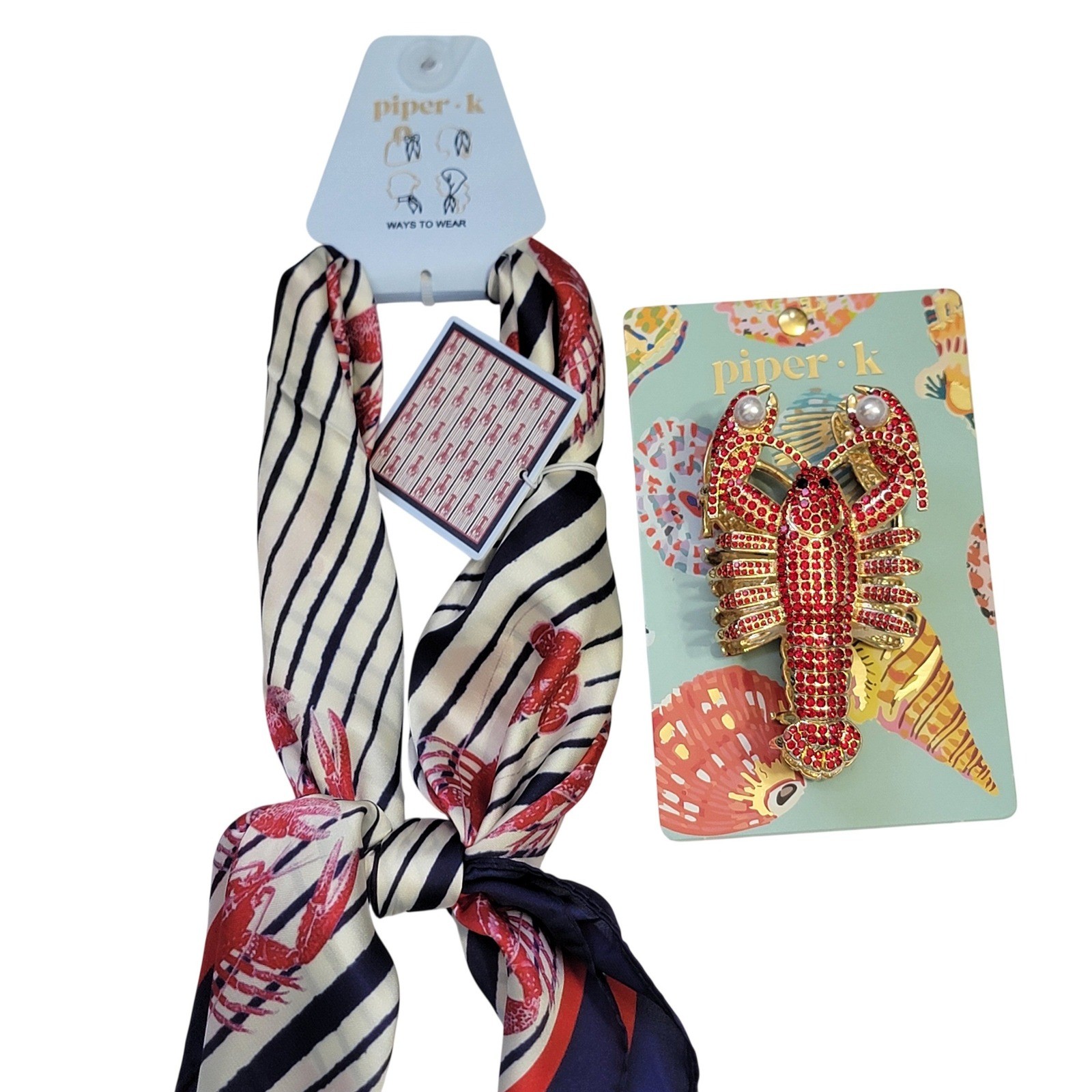 Piper K Lobster Scarf & Rhinestone Lobster Hair Claw Clip Set Beach Nautical NEW