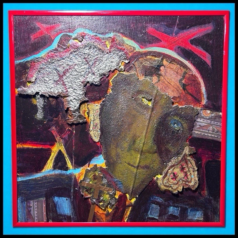 Byron Myrick - Contemporary Mixed Media Man with Cross Portrait on Wood Art