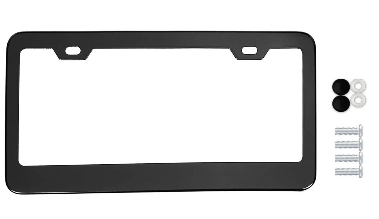 PLAIN BLACK HEAVY METAL LICENSE PLATE FRAME+CAPS RUST FREE-Fits TOYOTA CHEVY GMC