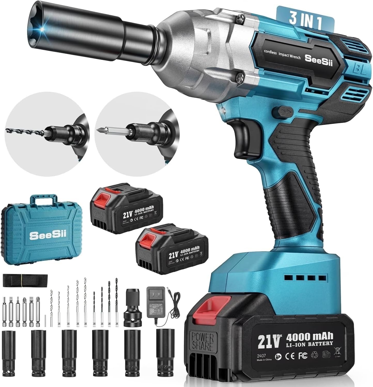 Seesii Cordless Impact Wrench 1/2" High Torque Electric Brushless Impact Gun