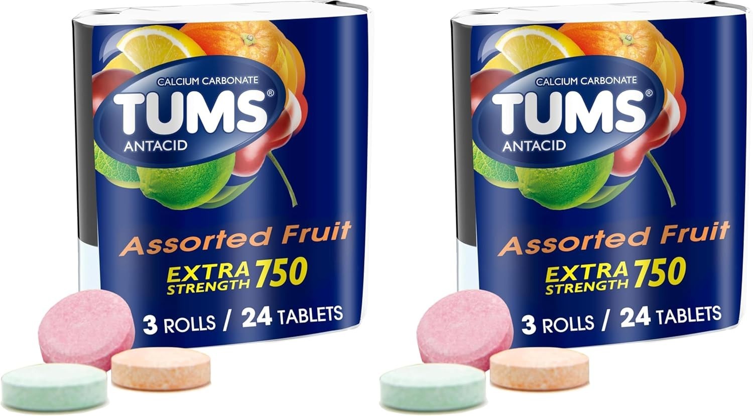 TUMS Extra Strength 750 Antacid 3 Roll Pack Assorted Fruit Tablets (48 Packs)