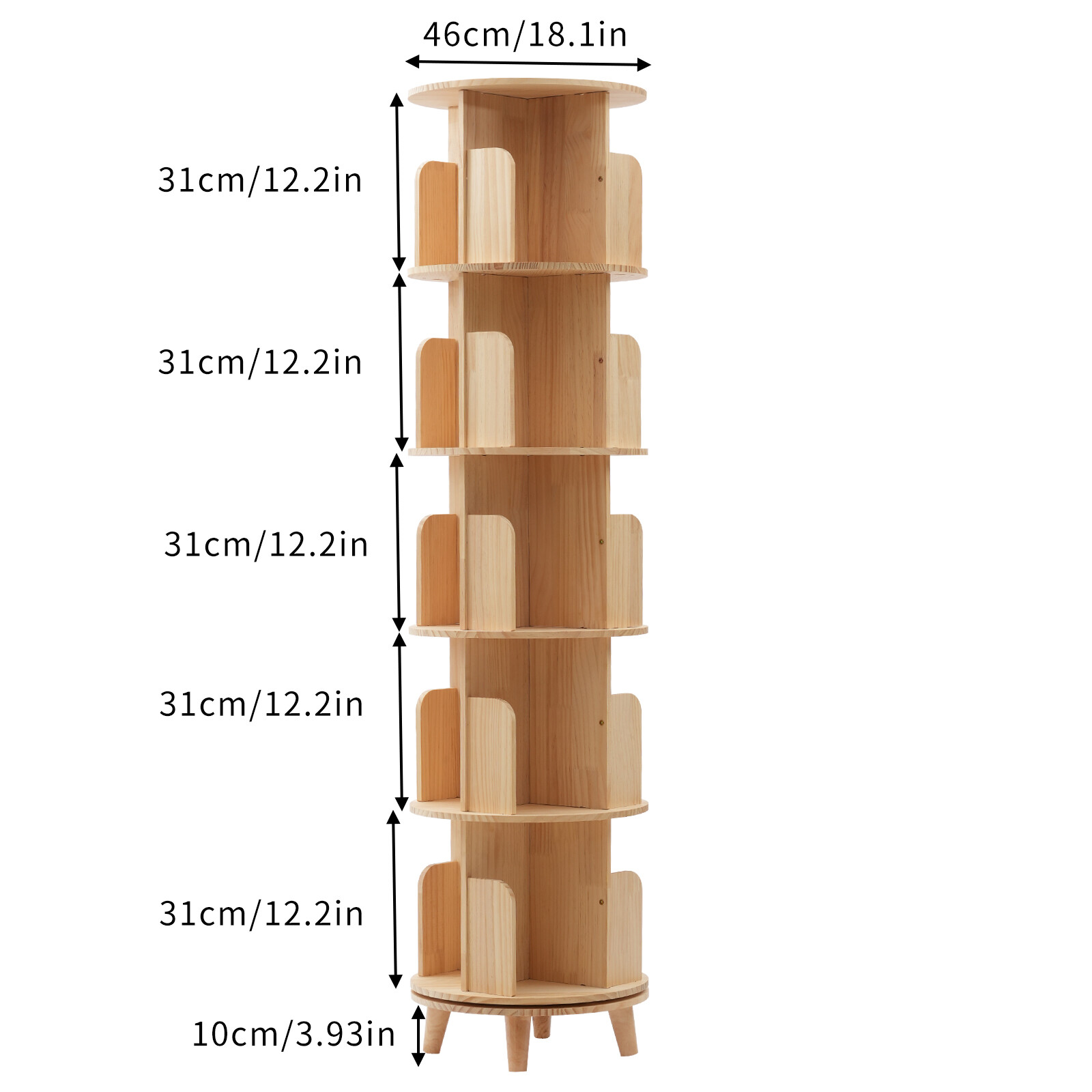 5-Layer Rotating Bookshelf Wood Bookcase Storage Shelf Freestanding Display Rack