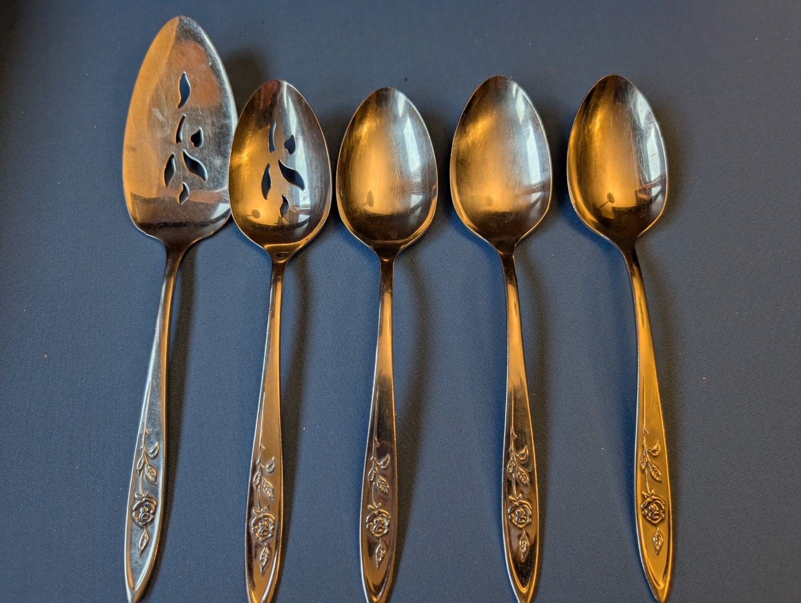 5 pcs ONEIDA Community Stainless MY ROSE pie server, slotted spoon, 8.25" spoons