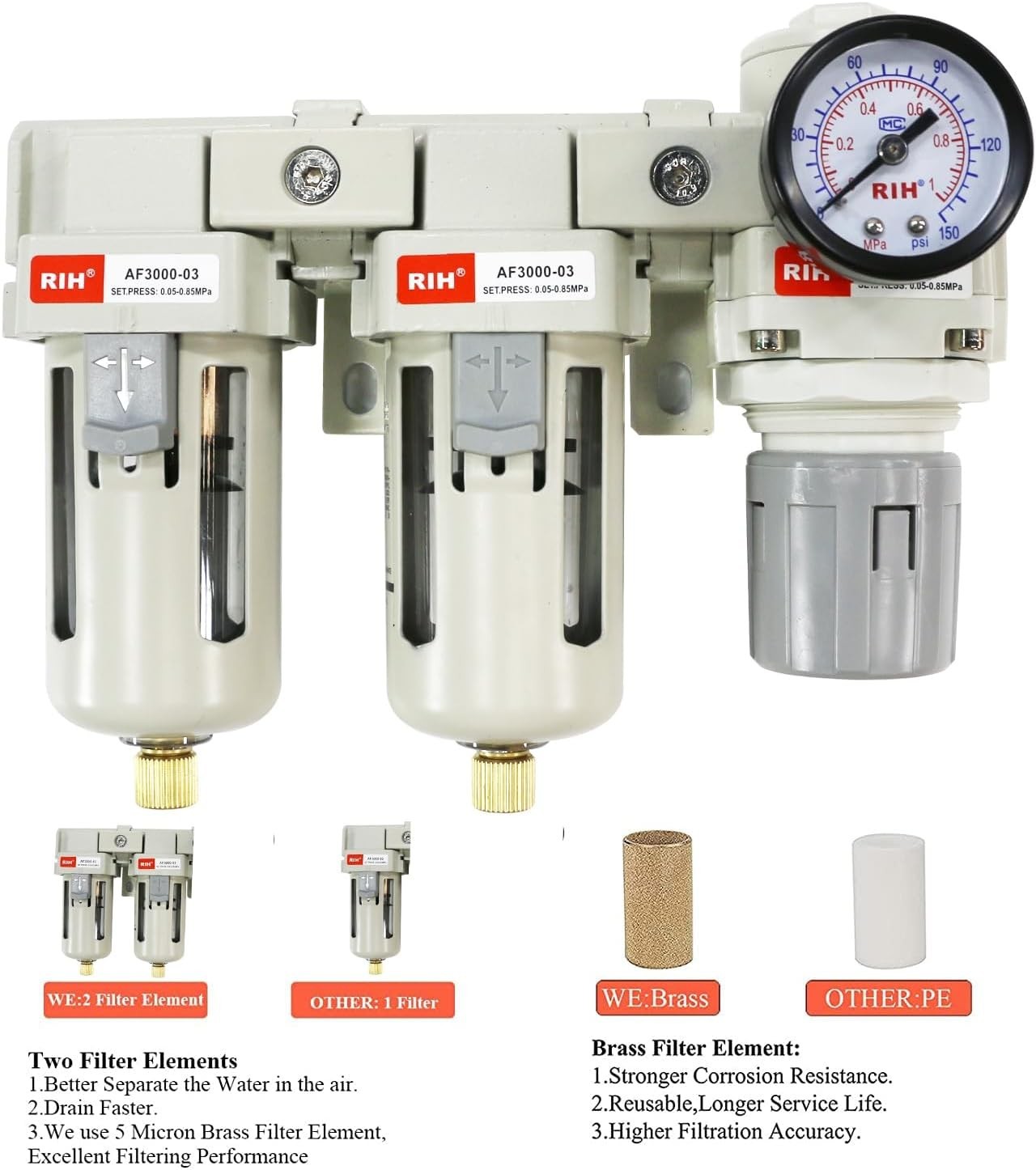 Pneumatics Air Filter Regulator 3/8 NPT Double Filter Water Separator
