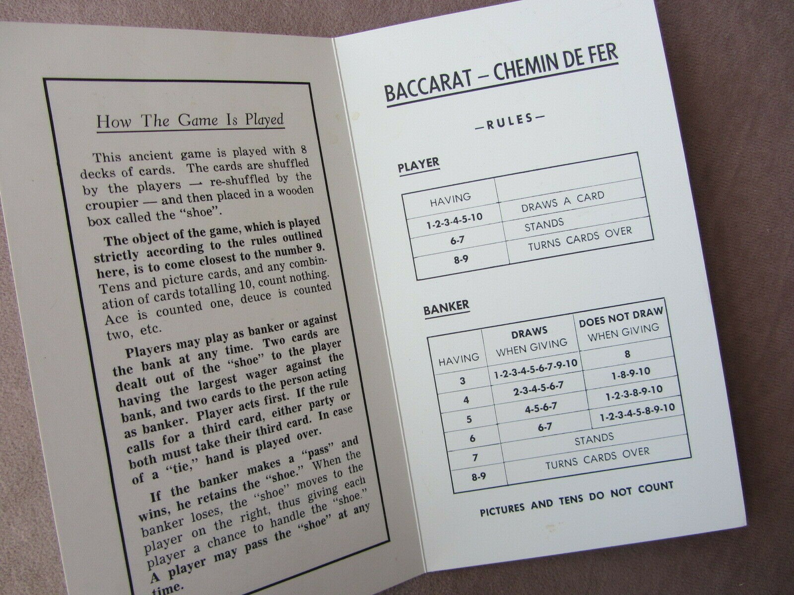 Vtg 1960s DUNES CASINO LAS VEGAS BACCARAT Gambling Rules Booklet Chemin De Fer