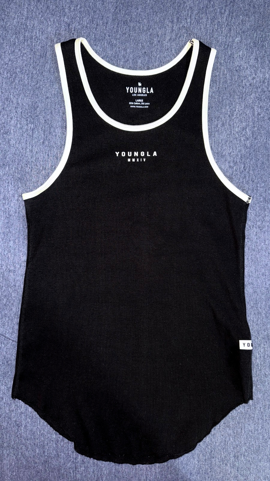 YoungLA Rocket Rib Tank Top Black White Trim Large 95% Cotton Gym Fitness Men