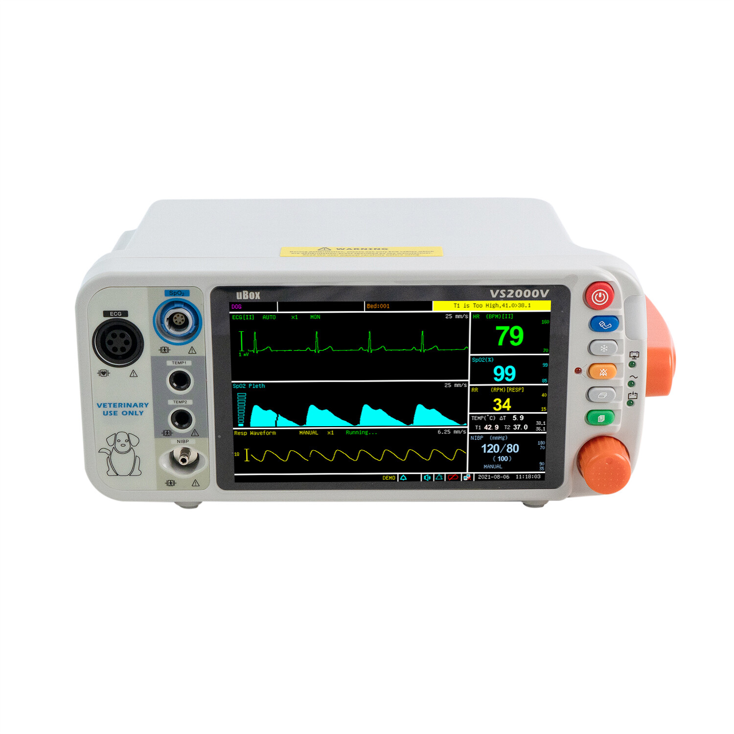VS2000V 7" Veterinary Vital Signs Monitor - ECG RESP SpO2 NIBP TEMP PR Battery