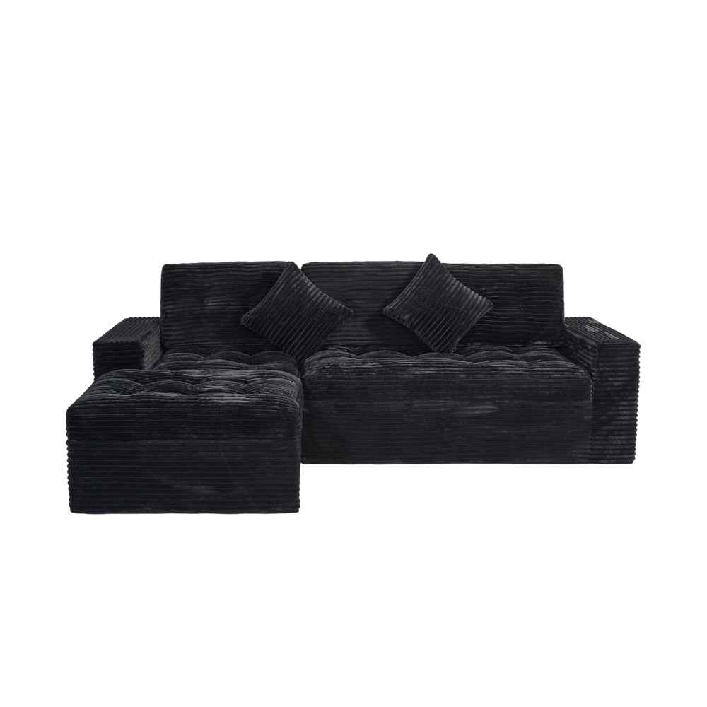 Modular Cloud Sectional Sofa 105" w/ Ottoman, All-Foam, Faux Fur, Black