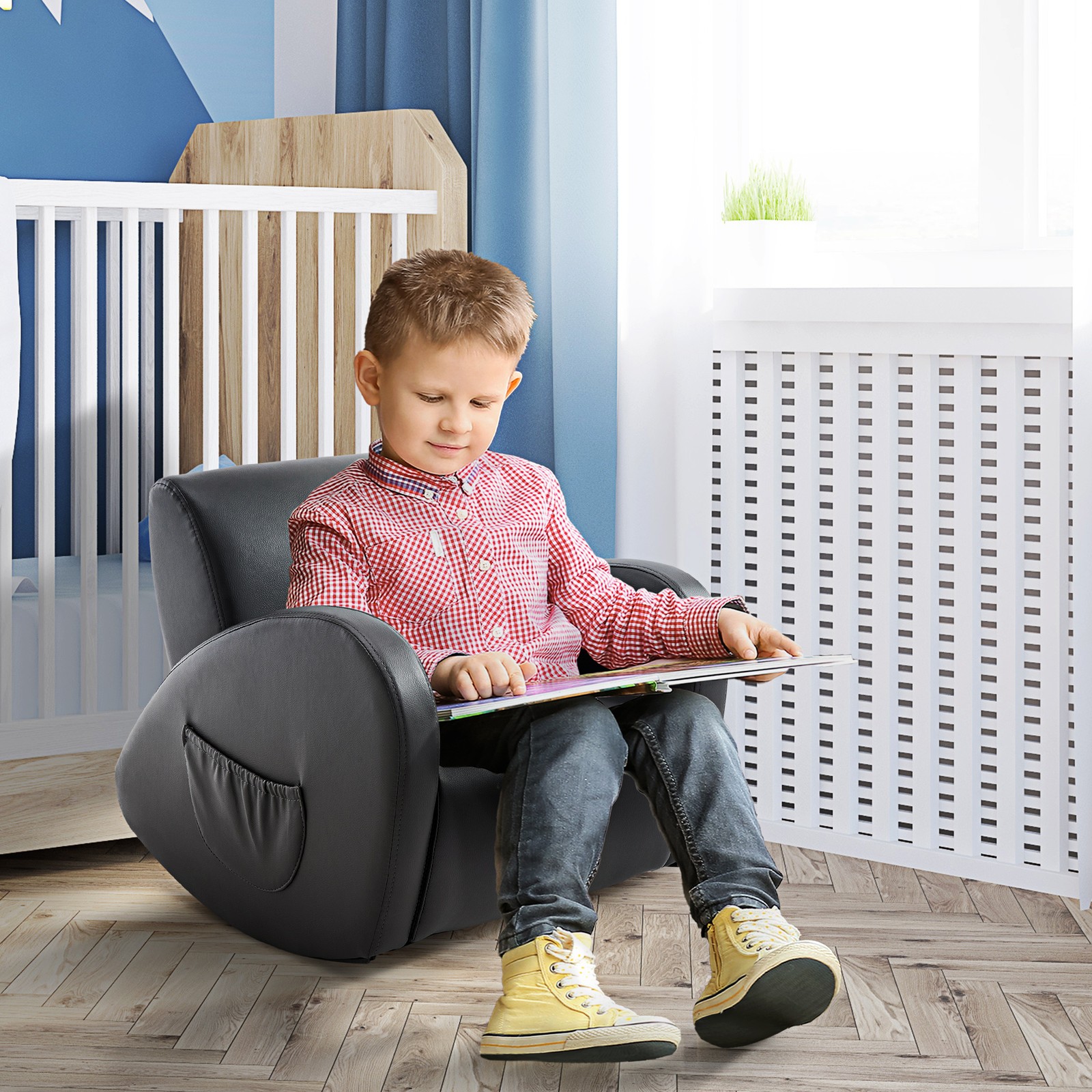 Kids Sofa Rocking Chair with Side Pocket, PU Leather Toddler Armchair
