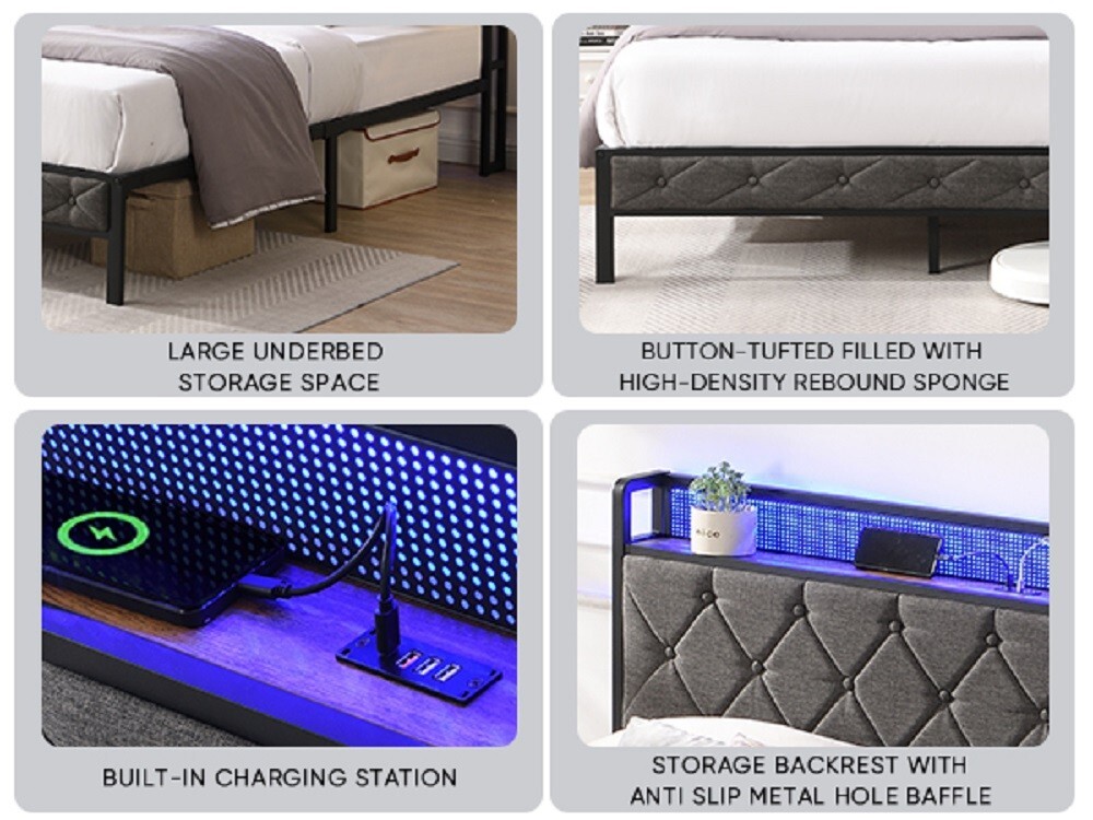Full Size Bed Frame w/ LED Headboard, Storage & Platform, Outlet, USB Ports