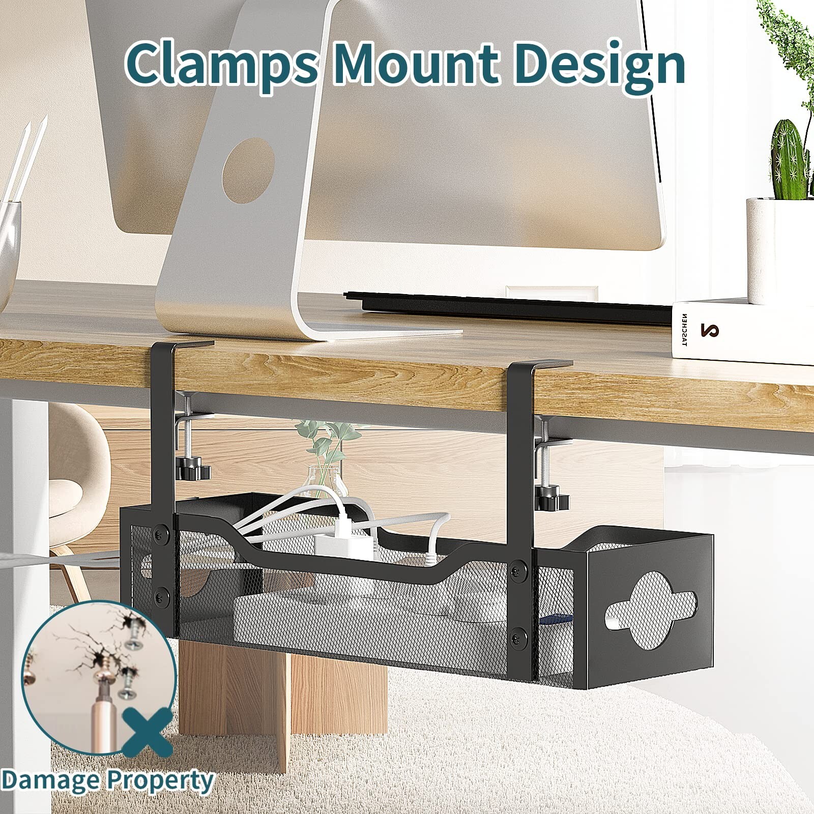 Under Desk Cable Management Tray No Drill, Metal Mesh Cable Management Under ...