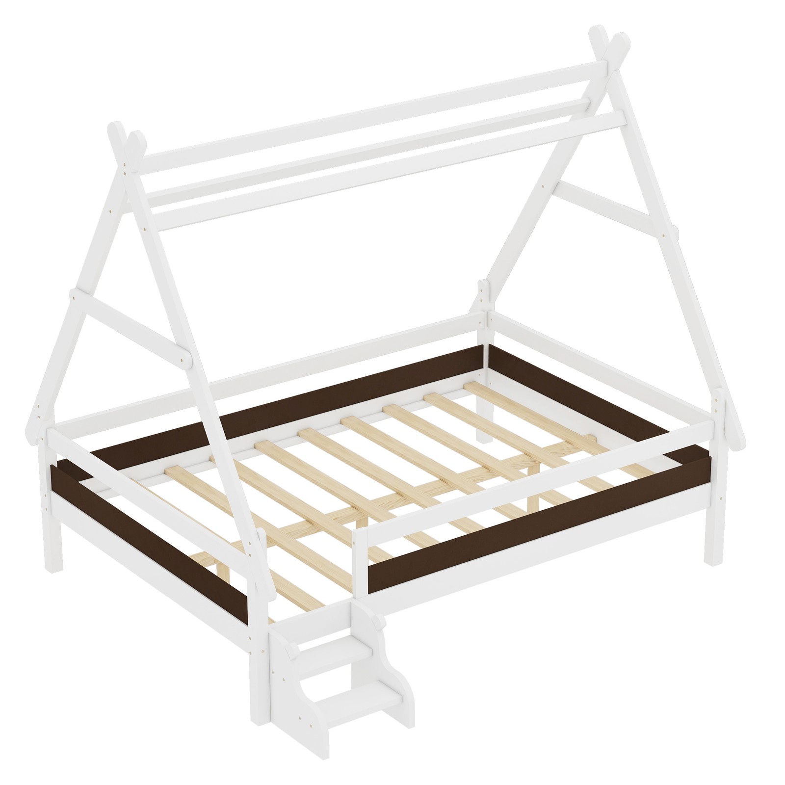 Full House Platform Bed with Stairs, Solid Wood Frame, White