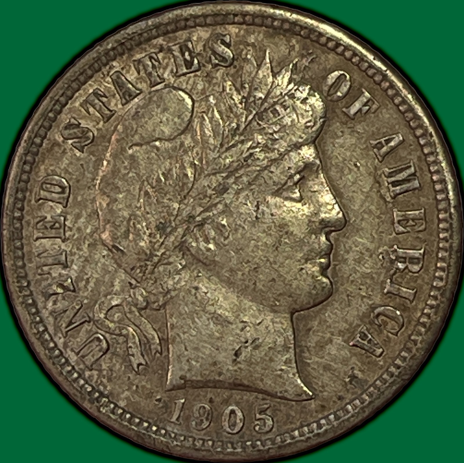 1905-S Barber Dime Almost Uncirculated AU Coin, Faint Cleaning #44027