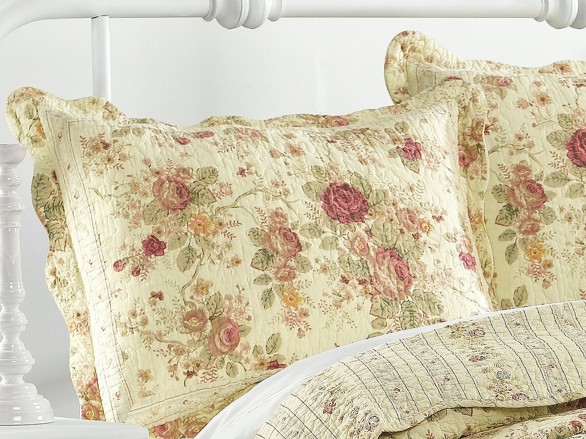 ANTIQUE ROSE QUILTED * King * SHAM : CHIC COTTAGE CREAM YELLOW SHABBY RED ROSES