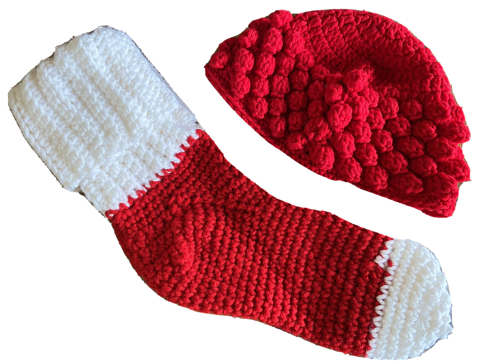 Handmade Knitted Socks/slipper and Small Handmade Knitted Hat Red White Size 9”