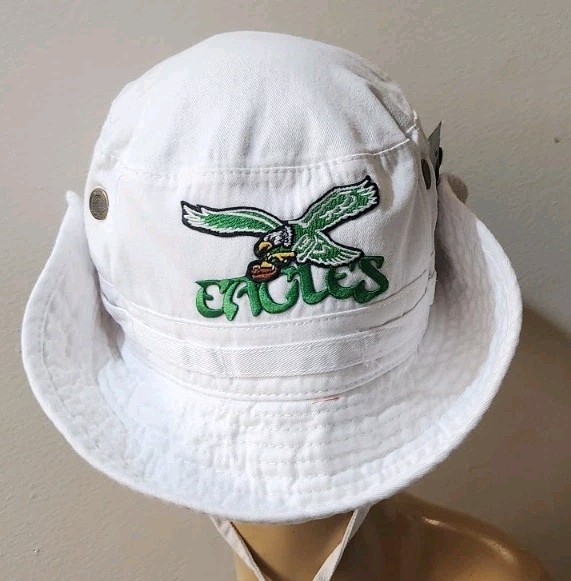 Philadelphia Eagles Throwback White Boonie Hat Side Snaps Up & Chin Strap
