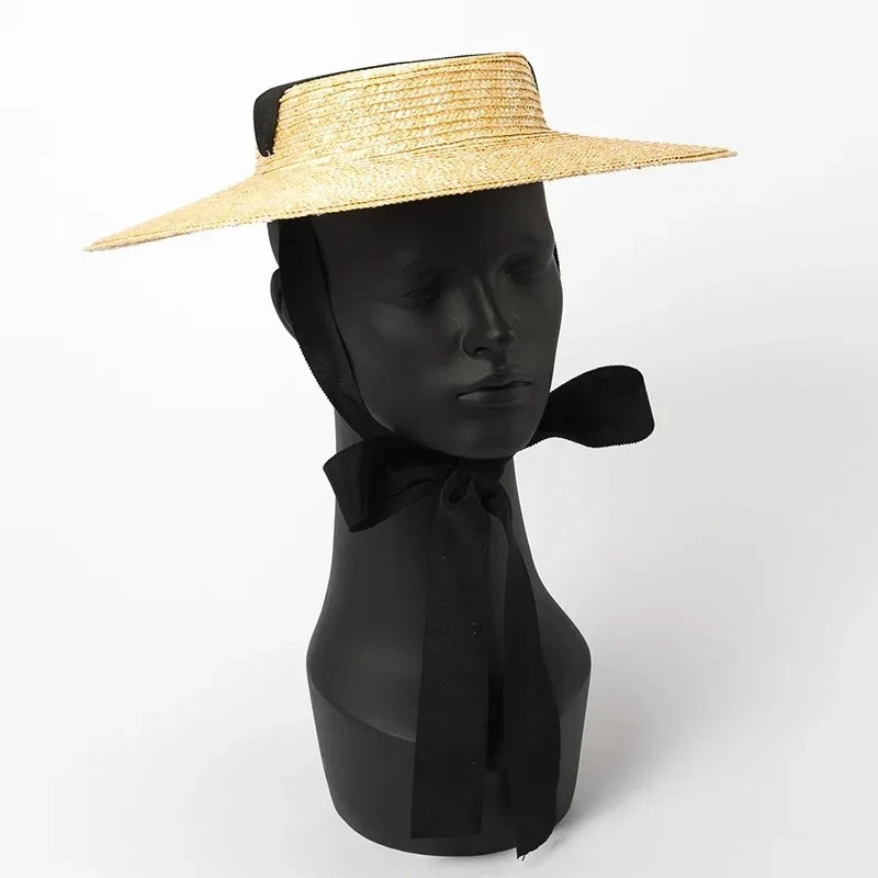 Women Large Wide Brim Straw Summer Hats Ribbon Beach Cap Boater Flat Top Sun Hat