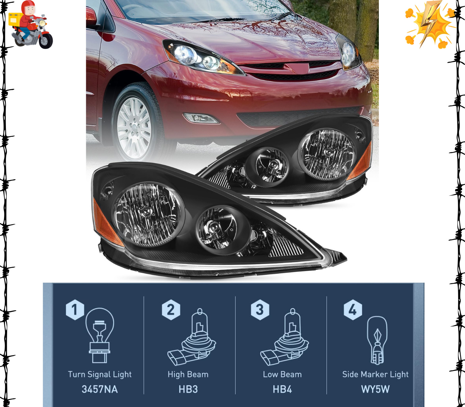 Headlight Assembly Compatible 2006-2010 Sienna Black Housing + Amber Reflector