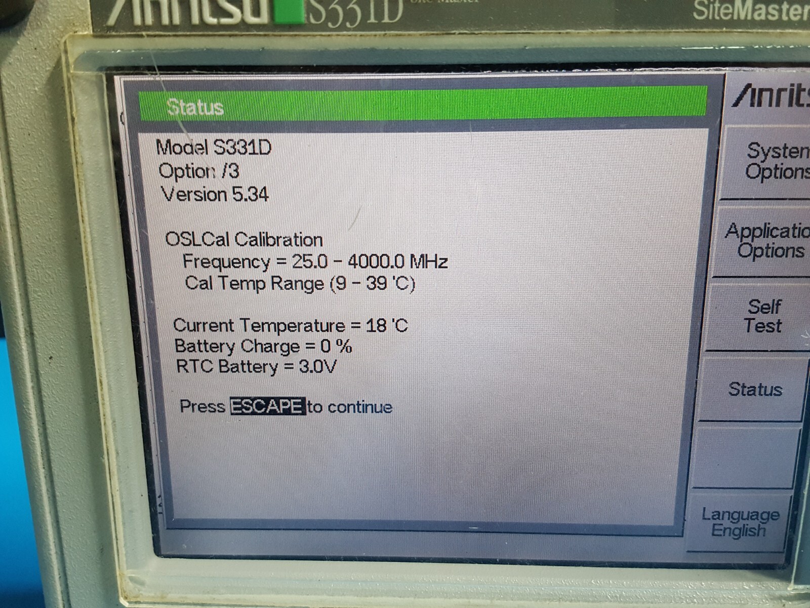 Anritsu S331D: Site Master, Version 5.34, Opt. 03 (7060)