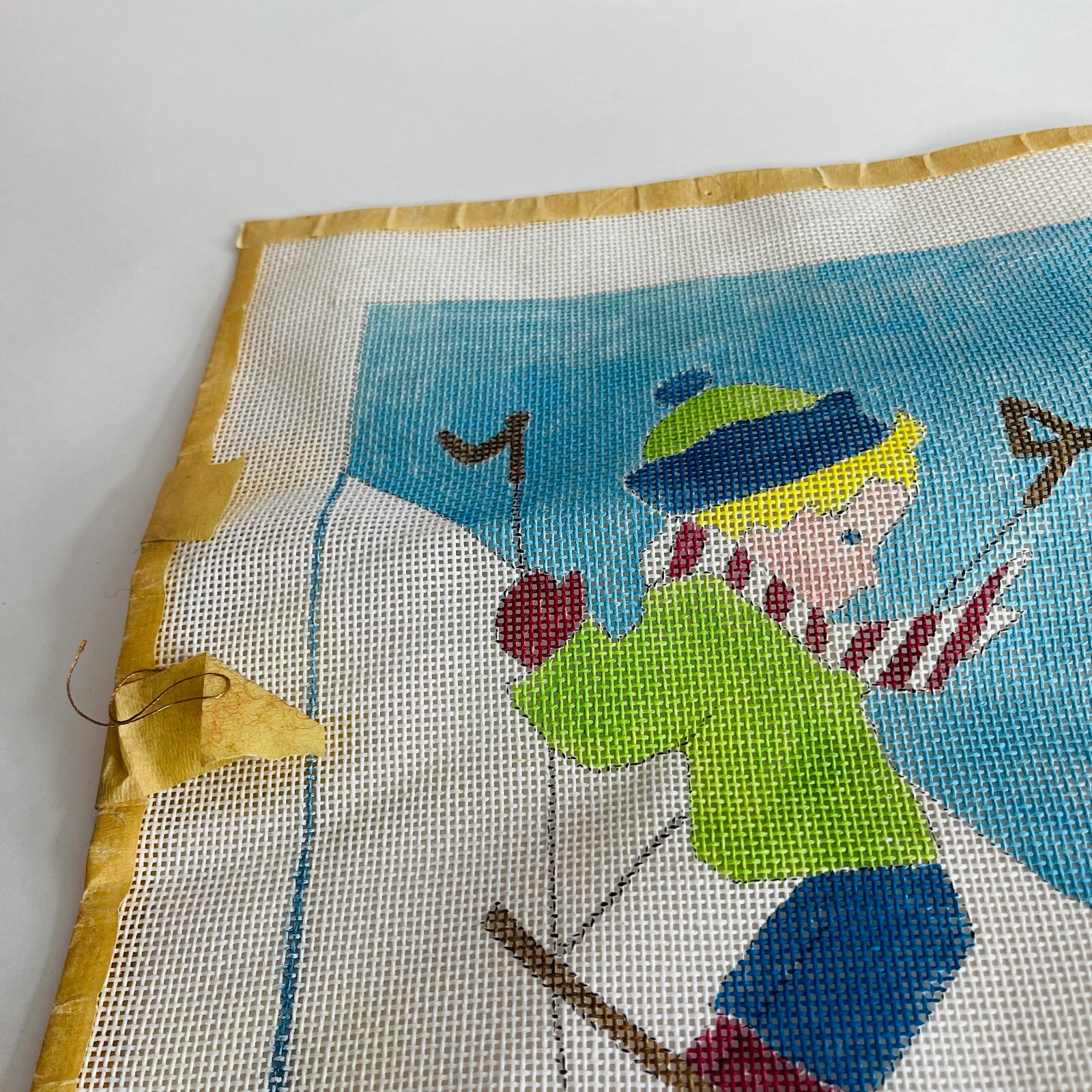 Hand Painted Needlepoint Pattern Canvas Boy Skiing Ski Scarf Blue Sky