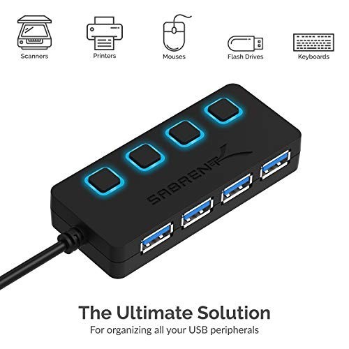 4 Port USB 3.0 Hub Individual Switch Slim Portable Fast Data Transfer 2Ft Cable