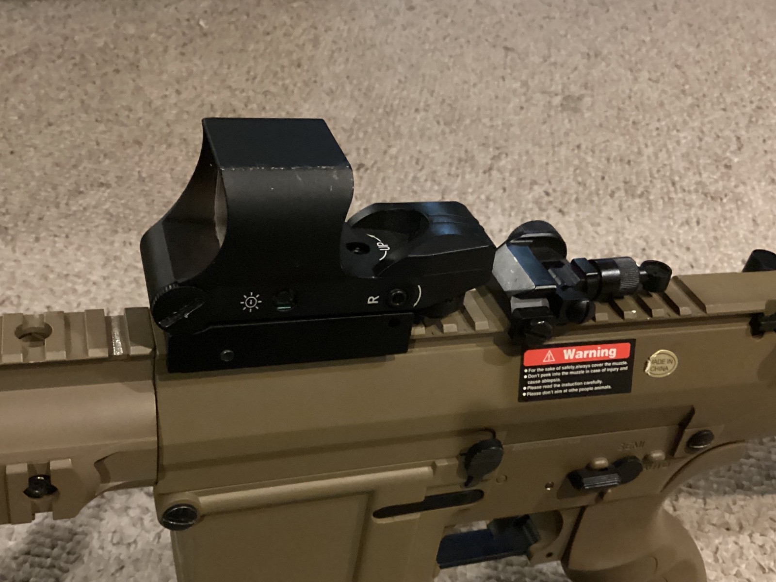 airsoft matrix SR-25 full metal tan with mock suppressor and red dot