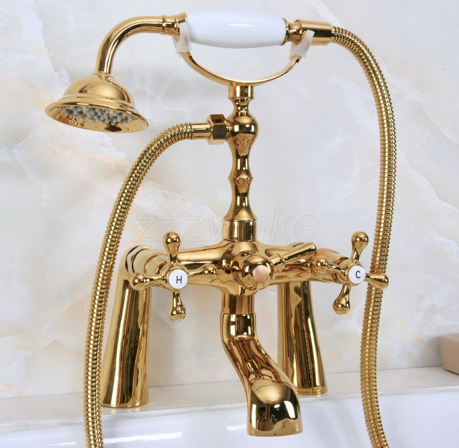 Gold Color Brass Deck Mount Bathtub Faucet Tub Mixer Tap Handheld Shower Zna152