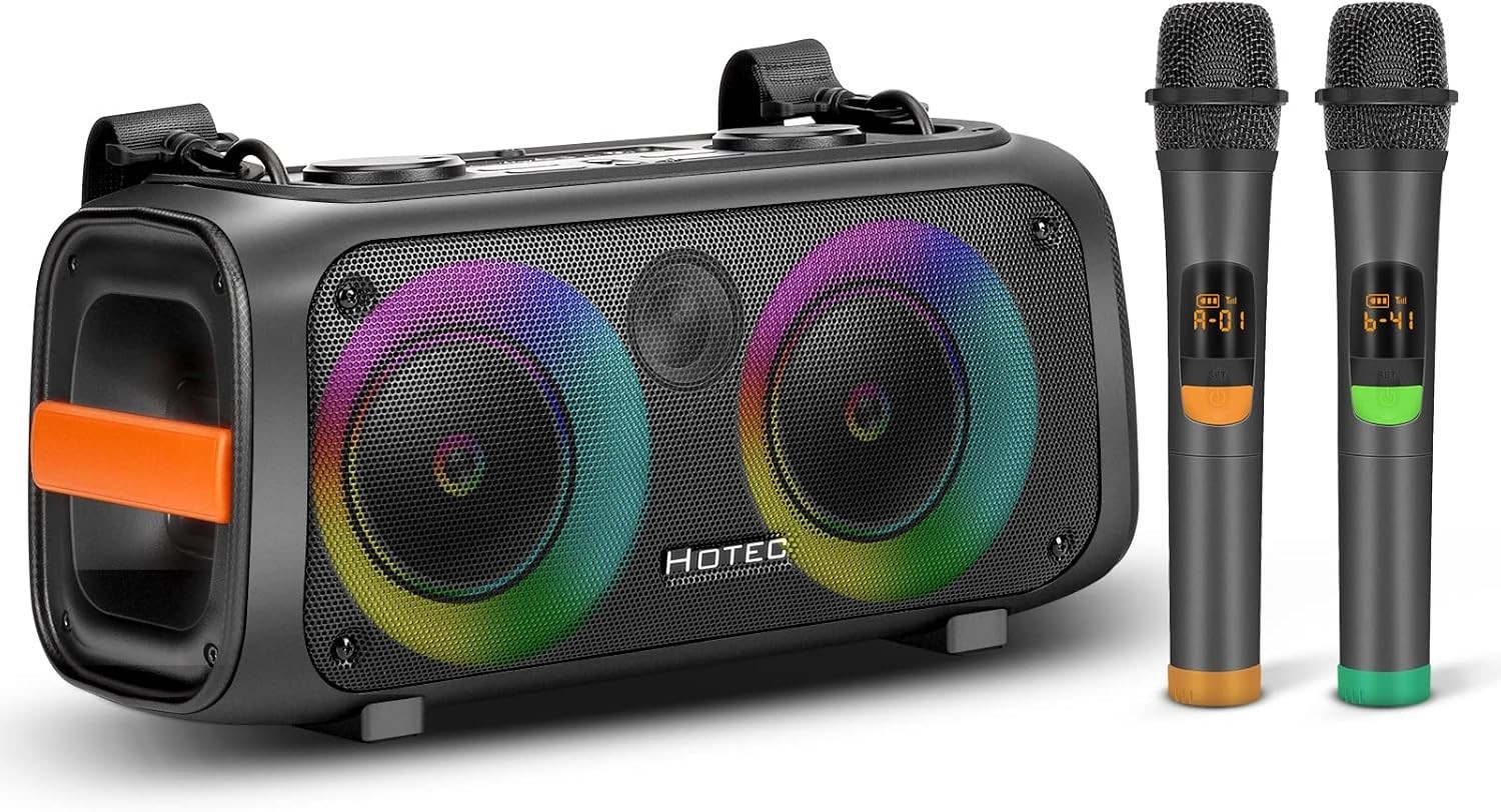 Hotec - Máquina de karaoke con dos micrófonos inalámbricos, altavoz portátil Blu