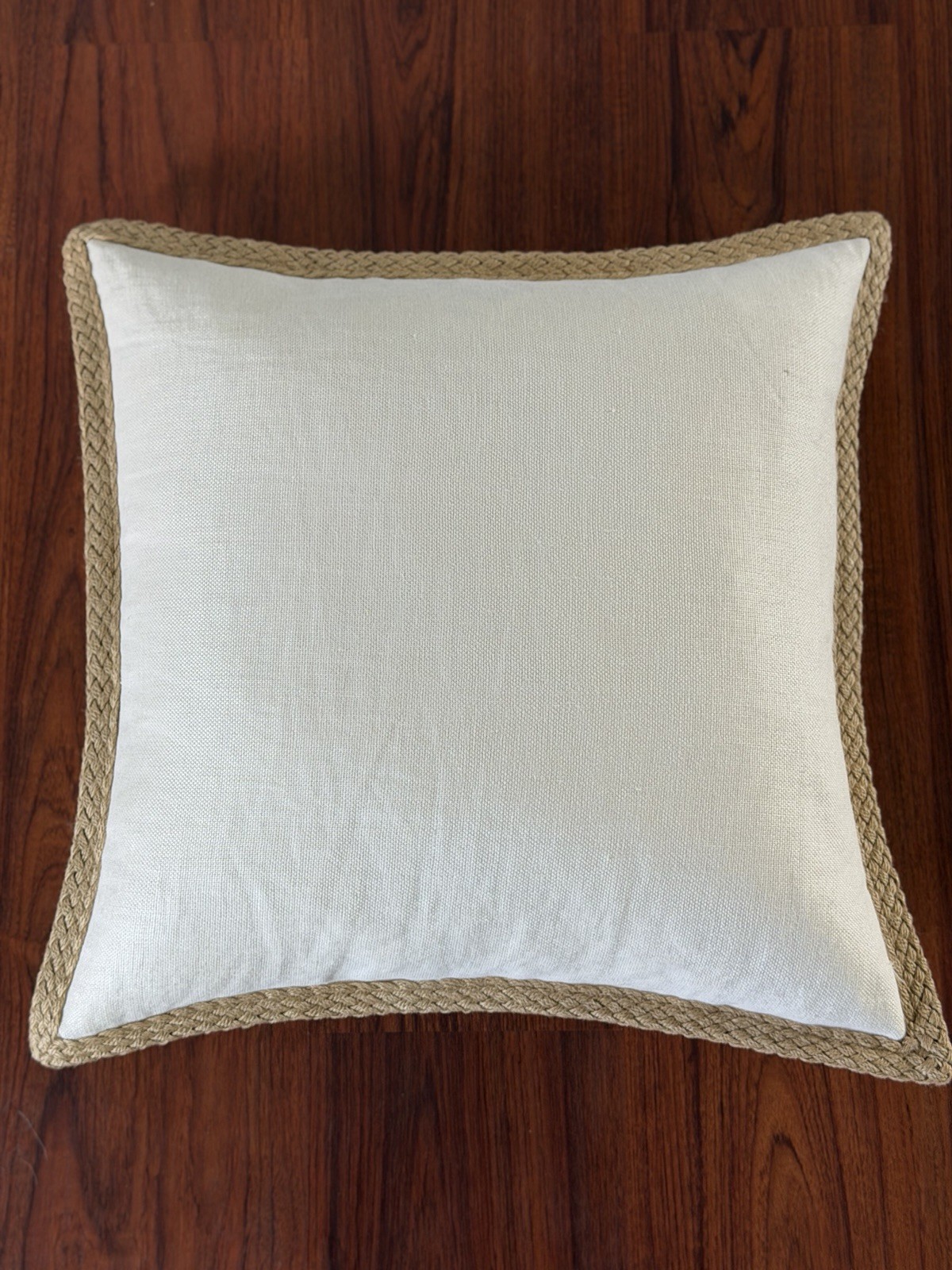 Pottery Barn Ivory Linen Pillow Cover Only 20x20 Braided Jute Trim Square