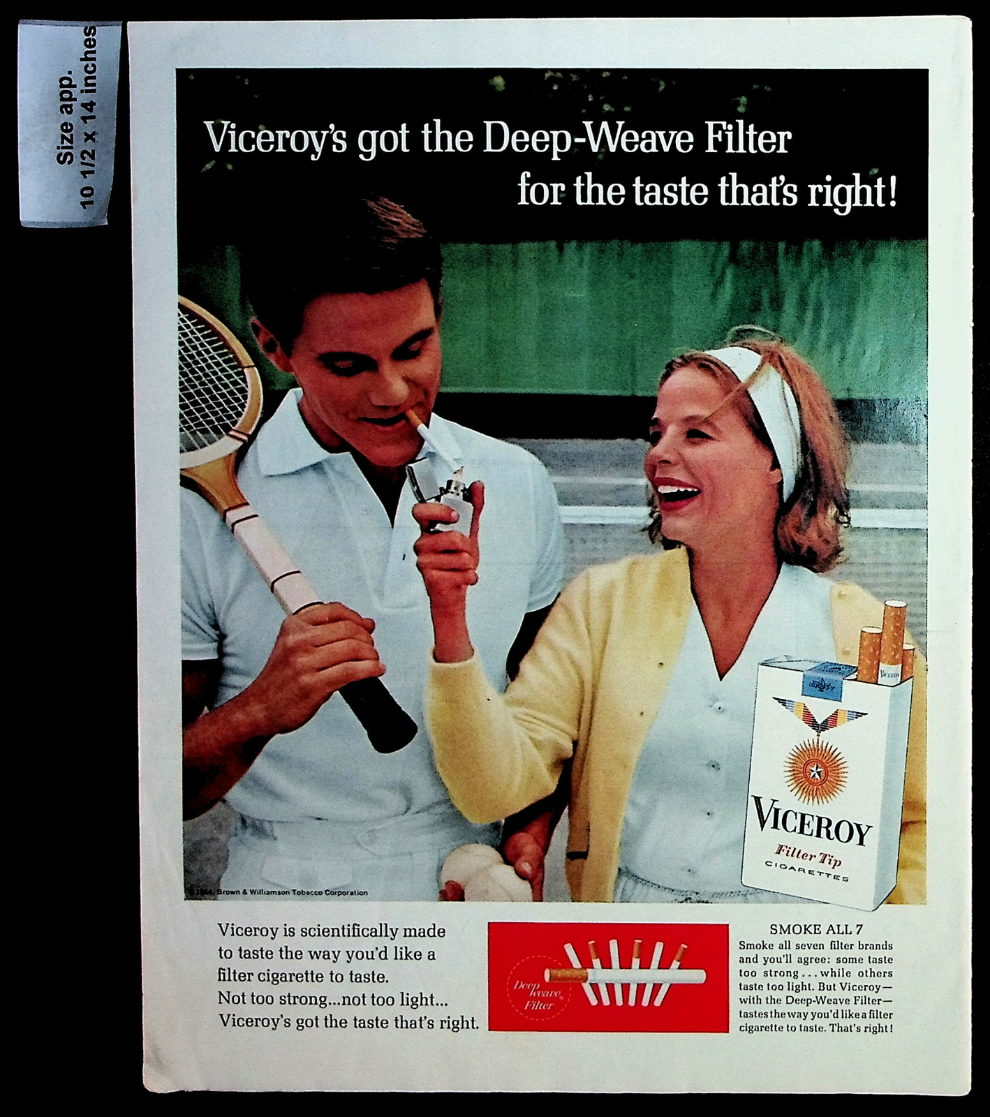 1964 Viceroy Cigarettes Tennis Couple Lighter Smoking Vintage Print Ad 29649