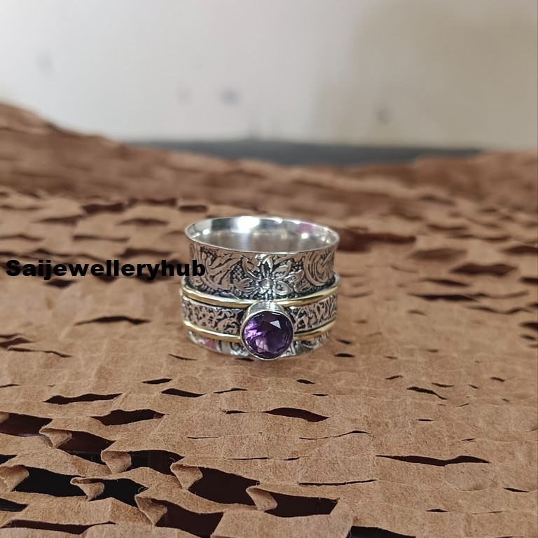 Boho 925 Sterling Silver Amethyst Ring Handmade Spinner Band Ring All Size SR807