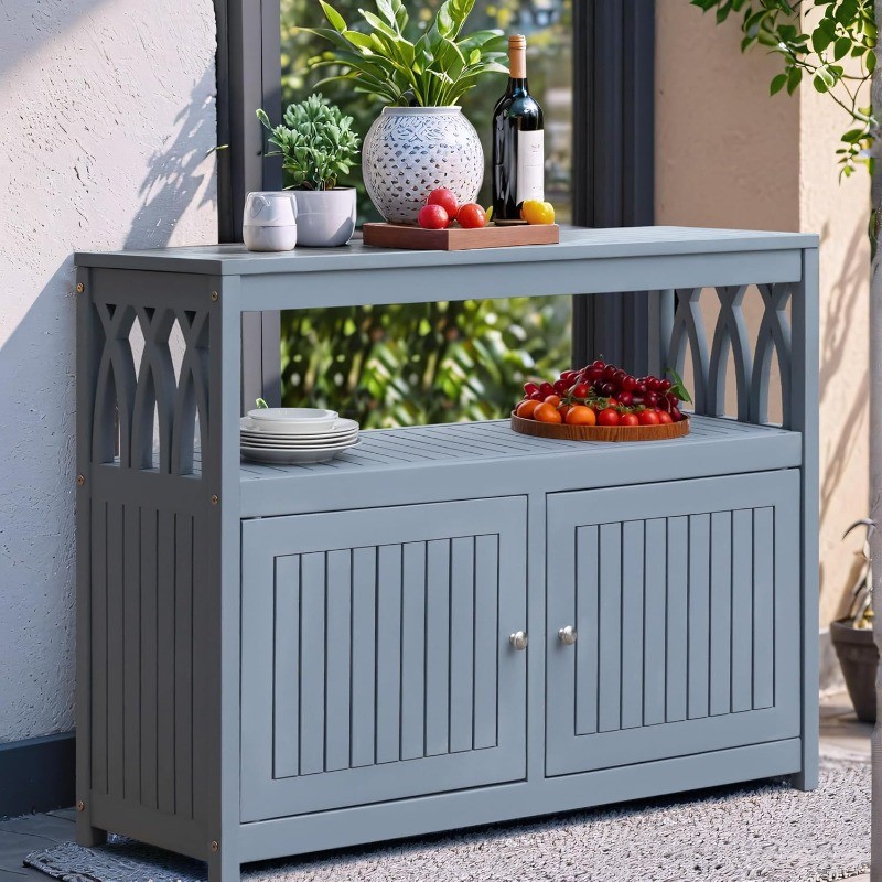 Acacia Wood Cabinet Potting Table Outdoor Buffet with 2 Magnetic Doors