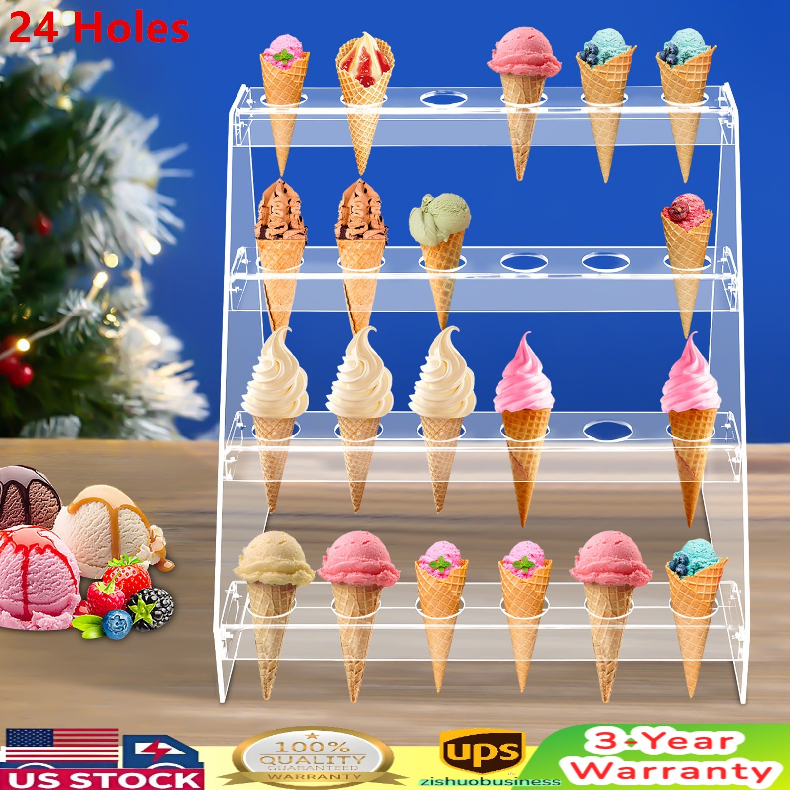 24 Hole Wedding Reusable Acrylic Ice Cream Cone Holder Tray Display Stand Rack