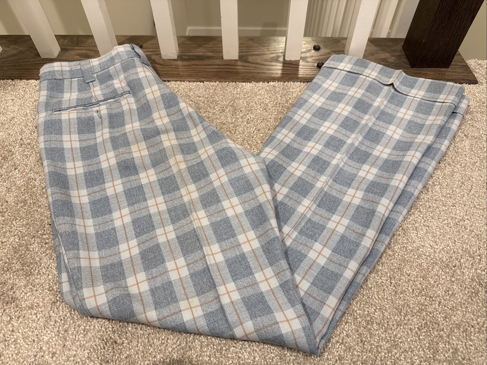 70's Sears The Men's store Perma-Prest Blue Orange Plaid Pants Slacks Flared VTG