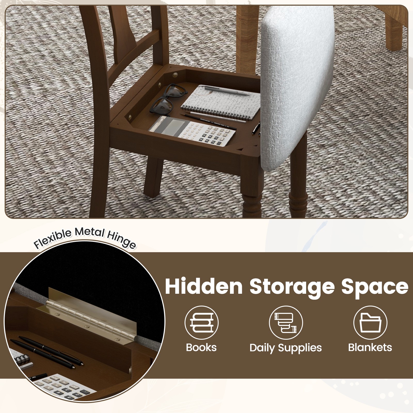 2 PCS Wood Chair Antique Upholstered Chair w/ Storage Space Brown & Light Gray