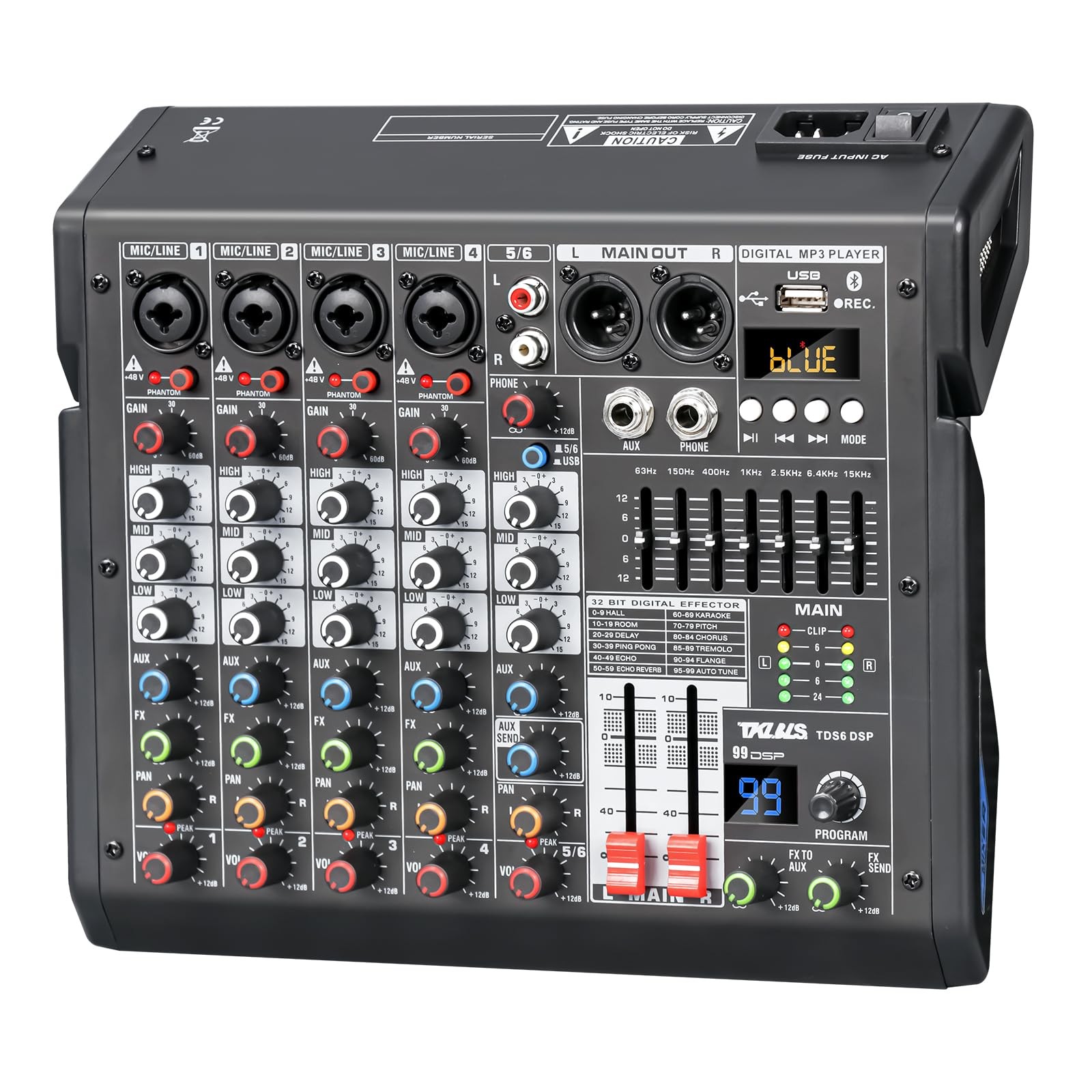 TKLBLS Audio Mixer, 6-Channel Professional DJ Mixer with 99-Bit DSP Effects,...
