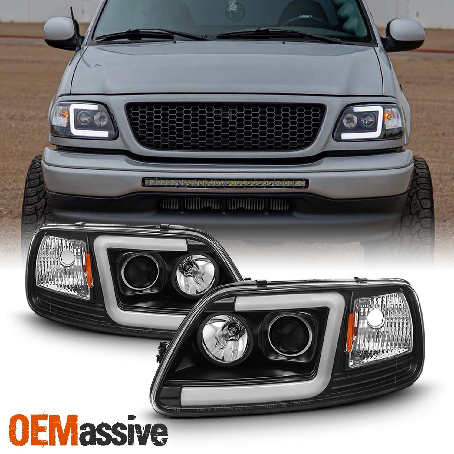 Fits Black 97-03 Ford F150 / 97-02 Expedition LED Bar Projector Headlights