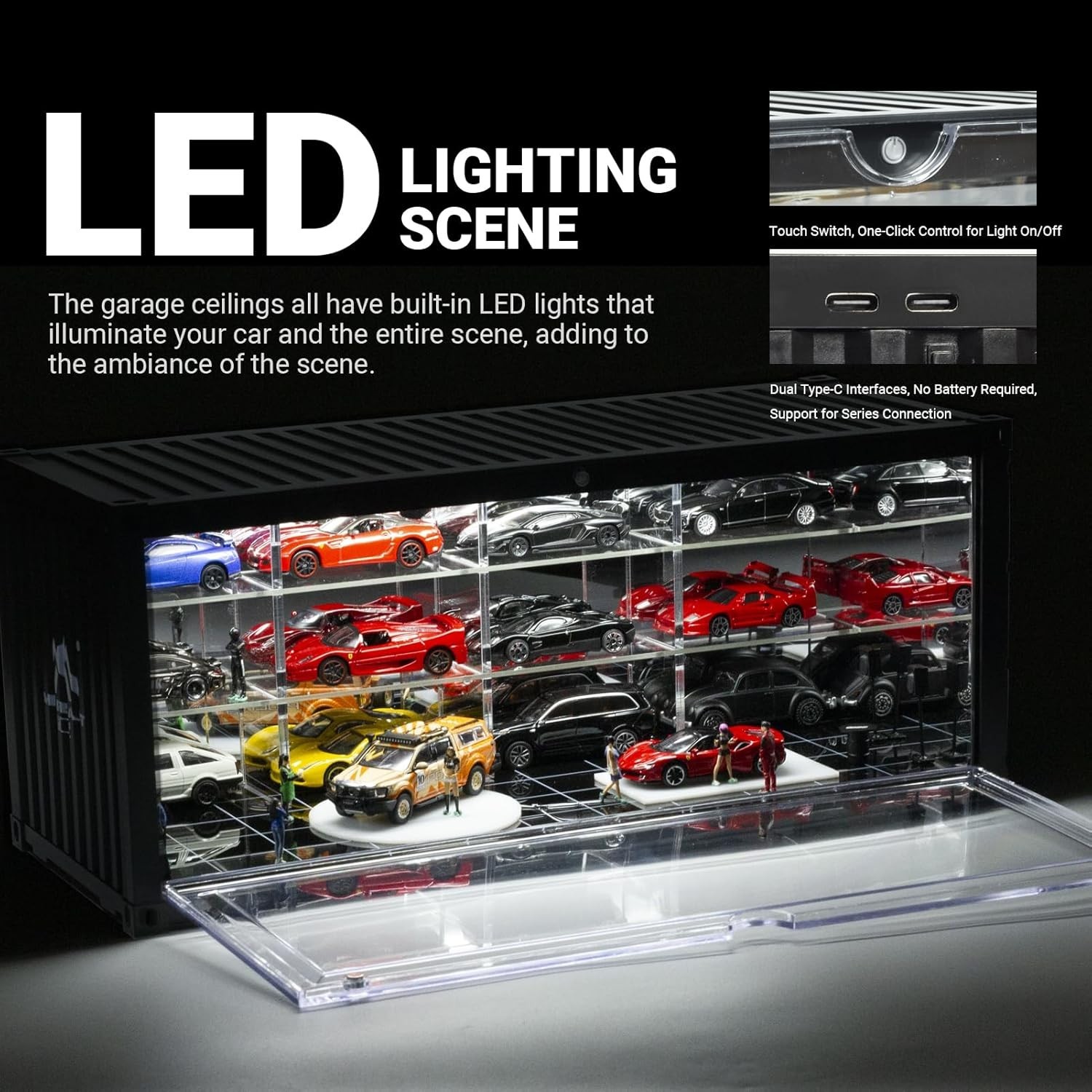 Car Display Case 16 Acrylic LED Light 1/43 Model Diecast 1/64 Garage Box Cabinet