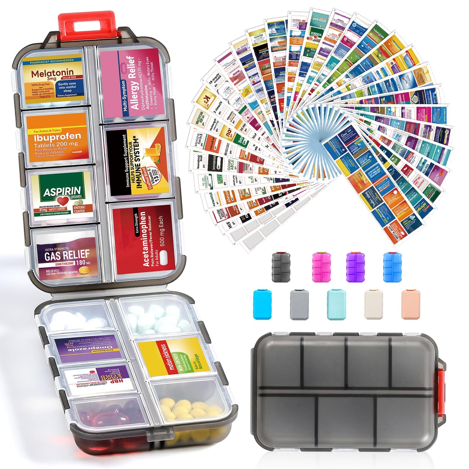 14 Grids Travel Pill Organizer Box with 415-Pcs Medicine Name Labels - Pocket...