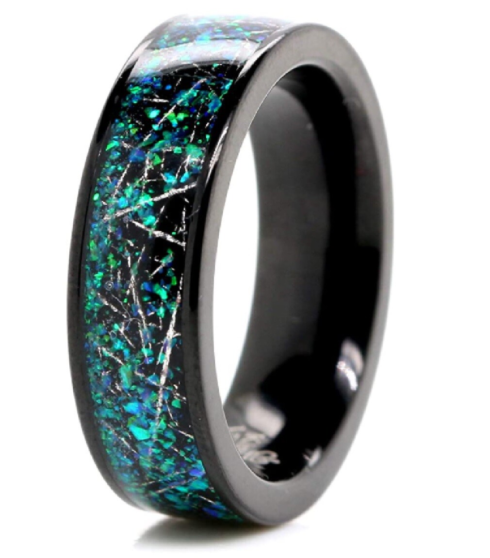 Opal Wedding Ring Meteorite Wedding Band