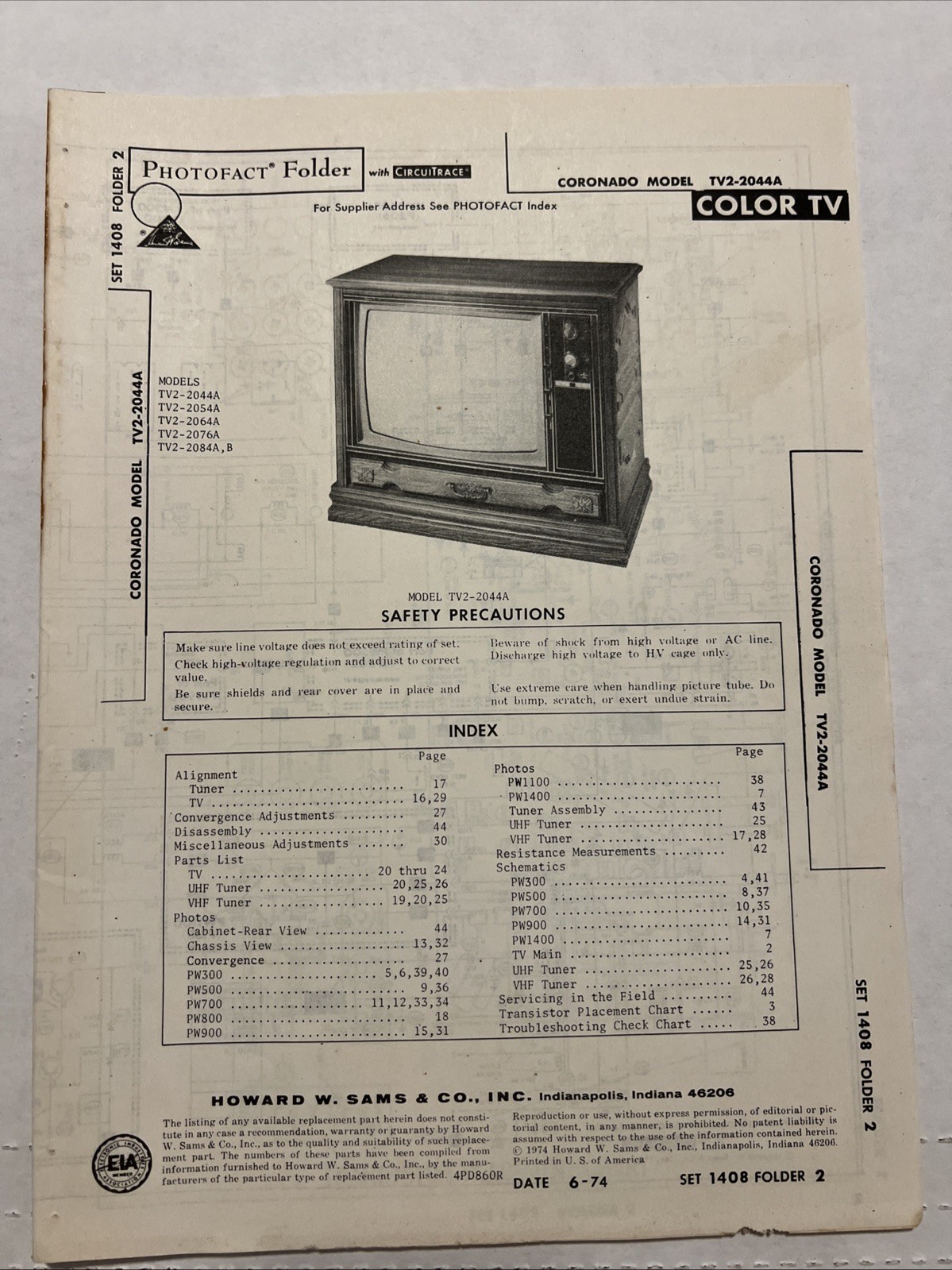 Vintage Sams Photofact Schematic 6-1974 CORONADO MODEL TV2-2044A