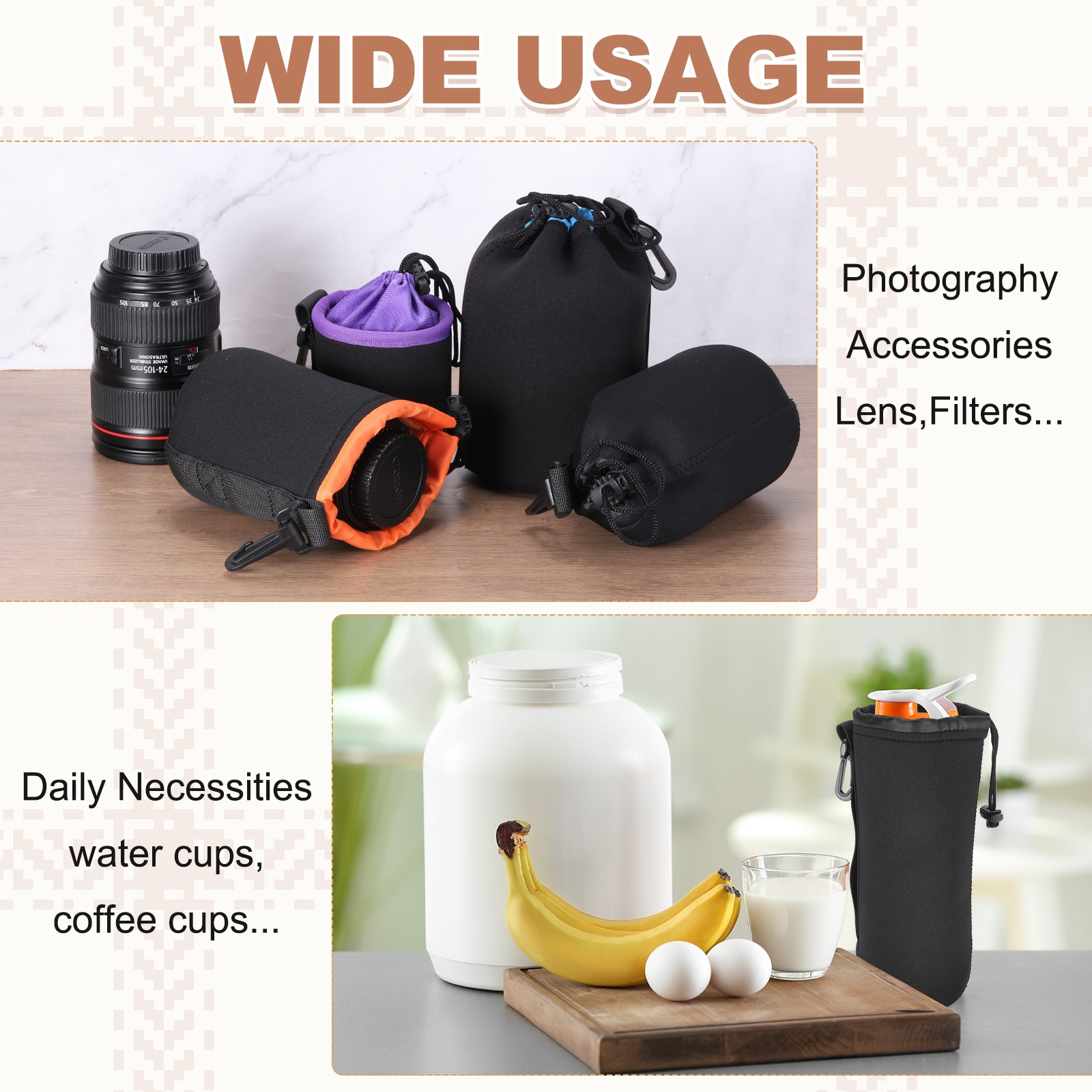 Camera Lens Pouch, 4" ID x 10" H Drawstring Lens Pouch, Black